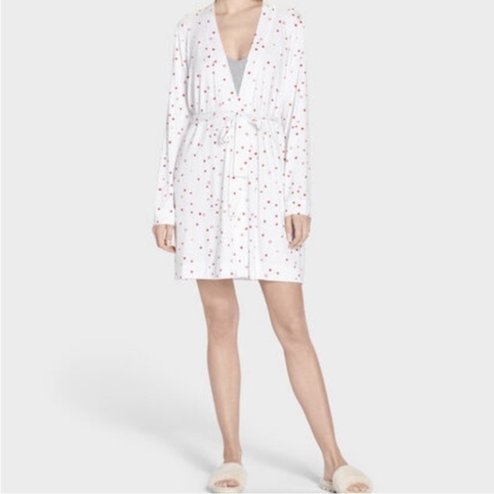 UGG Aldridge Heart Print Short Robe/Dressing Gown Size Large Color White/Red